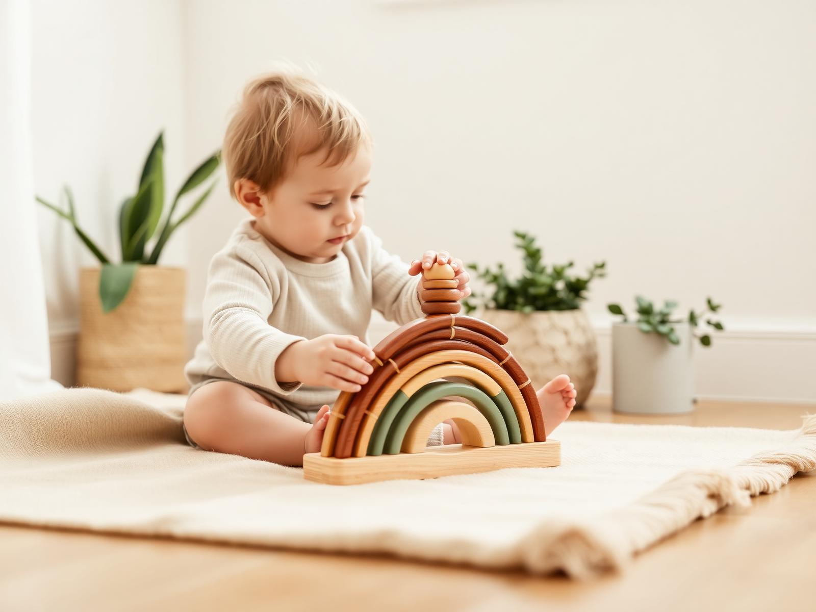 Kind speelt met houten Montessori regenboog